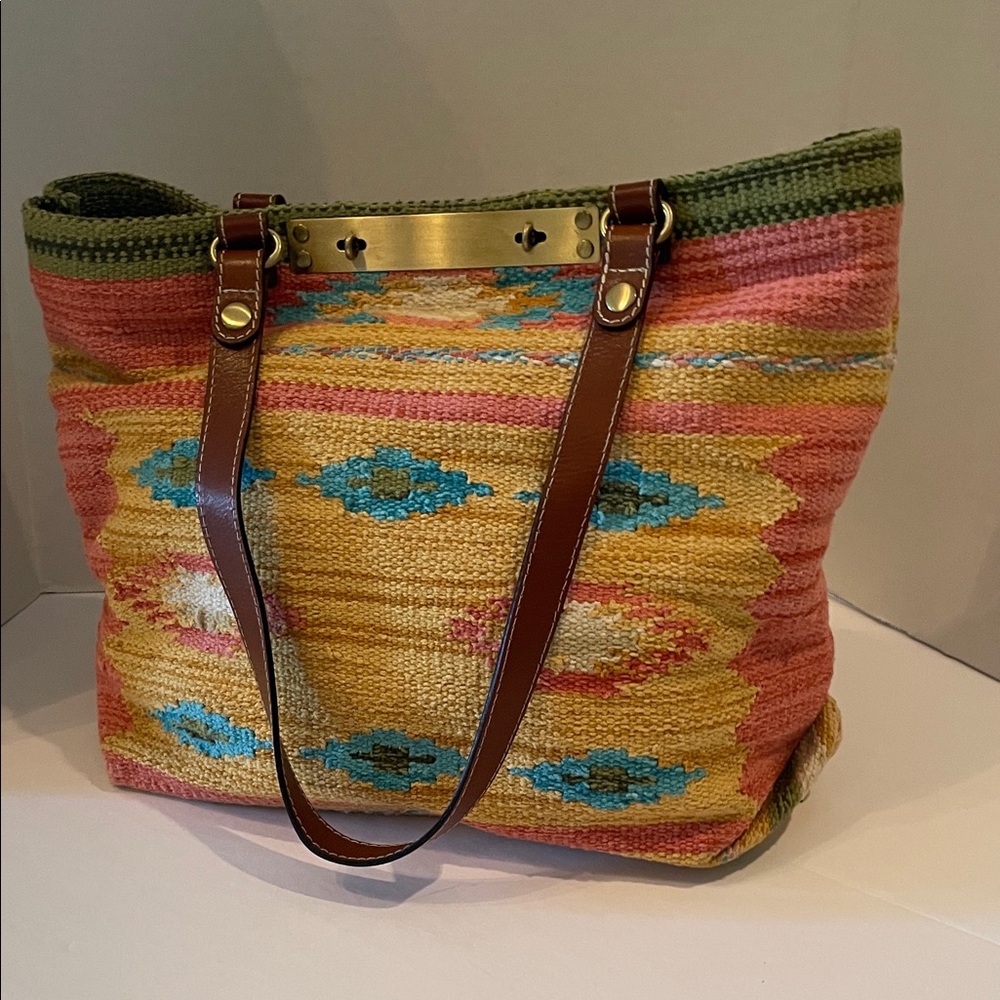 Patricia Nash Hand-loomed Coral, Yellow & Turquoise, Patterned Chennai Tote